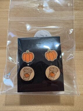 Pumpkin Stud Earring Set - Orange & Natural Wood